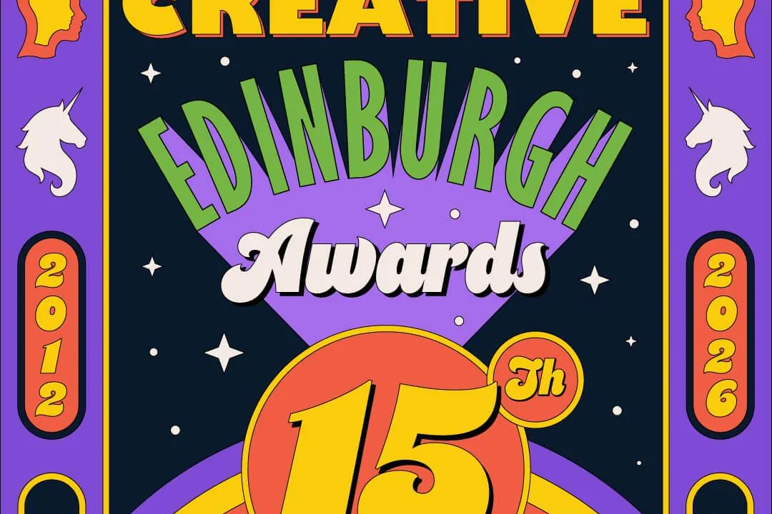 A colorful, retro-style poster for the Creative Edinburgh Awards 15th Anniversary. The central design features bold typography reading "Creative Edinburgh Awards 15th Anniversary" set against a starry night sky backdrop and a vibrant rainbow arch. The event details at the bottom state it will take place at Central Hall on Friday 13th November
