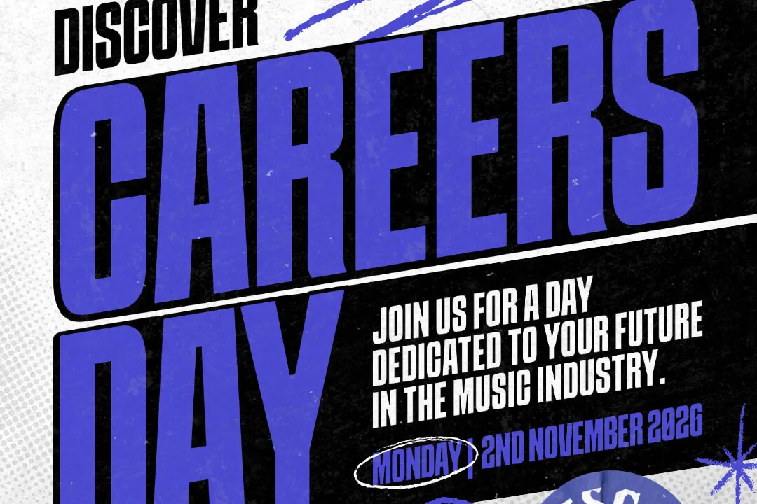 "Event poster for ""Discover Careers Day"" on Monday, November 2nd, 2026, a day dedicated to futures in the music industry. Features details on panels, workshops, and company stands, along with institutional sponsor logos and a ticket QR code.